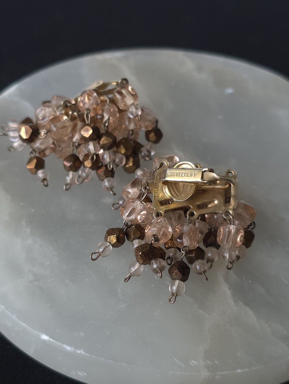 Vintage Castlecliff Pink and Bronze Crystal Beaded Waterfall Clip-on Earrings